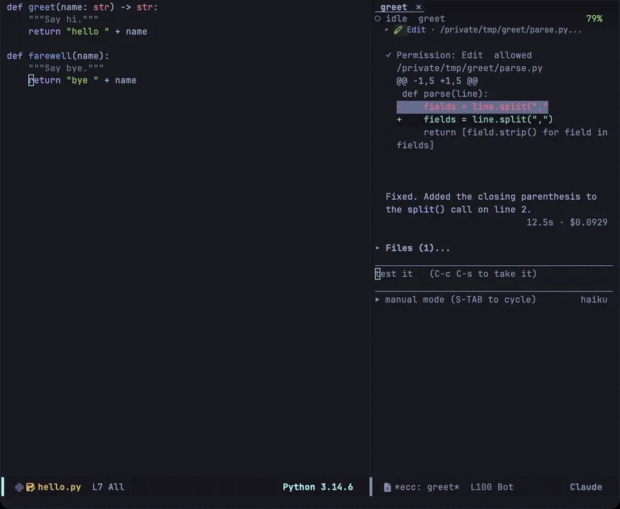 A prompt with @cursor in it: the reference becomes the file and the line the point was on, and the code goes with it