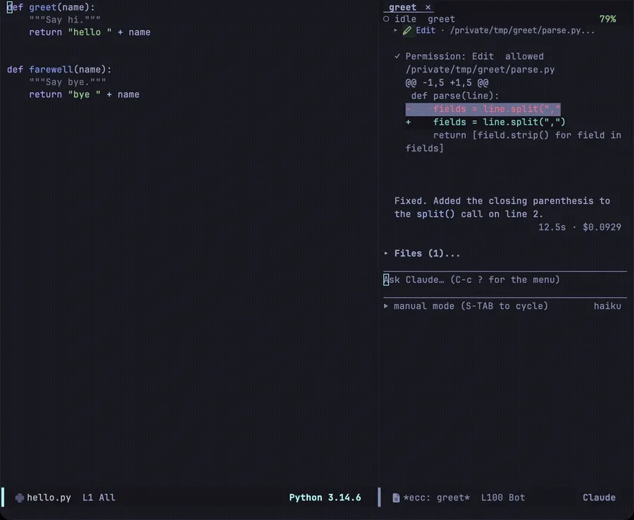 A question typed in the minibuffer, and the answer appearing in an overlay over the code