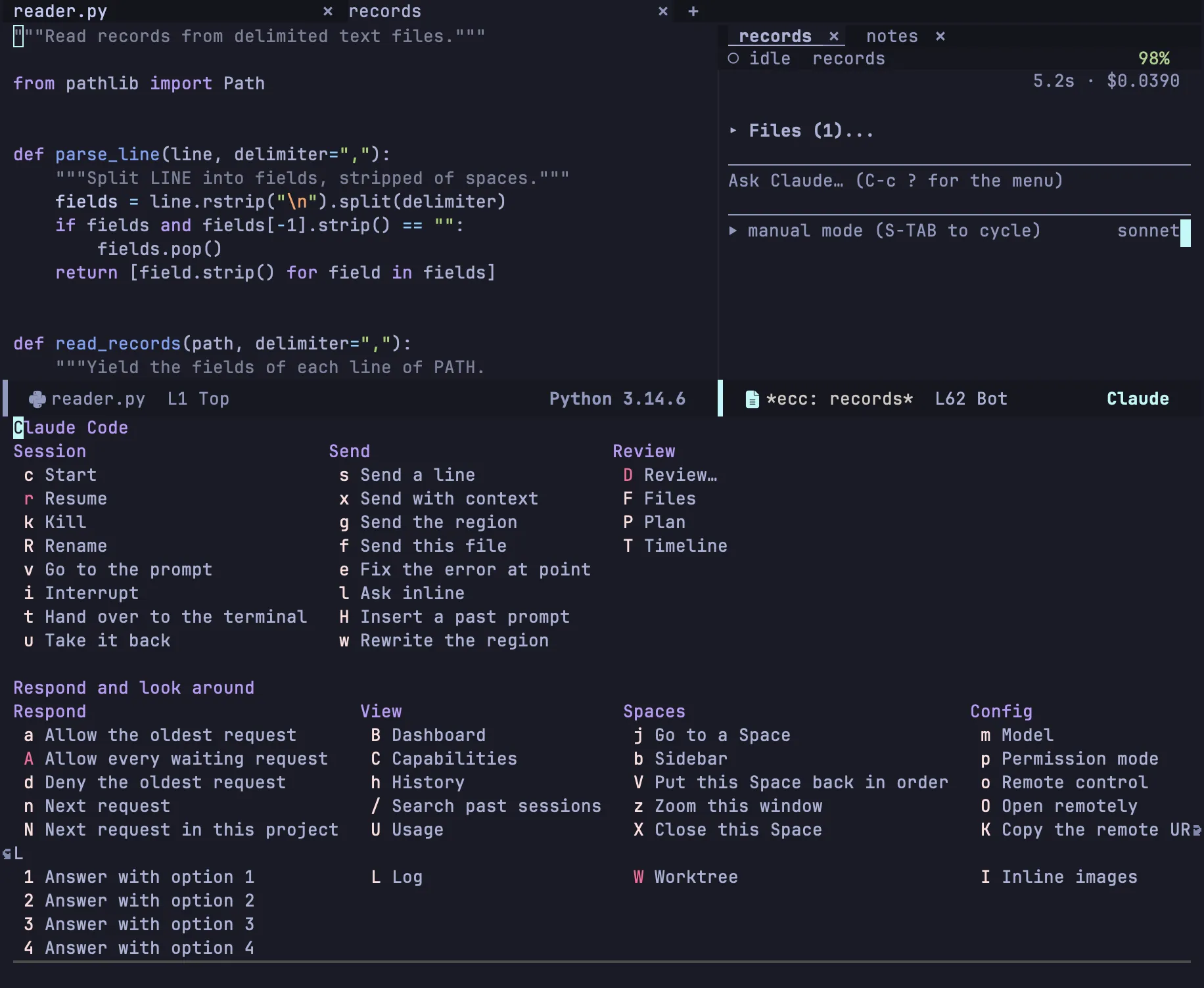 The transient menu open under a session, showing its six groups: Session, Send, Review, Respond, View and Config