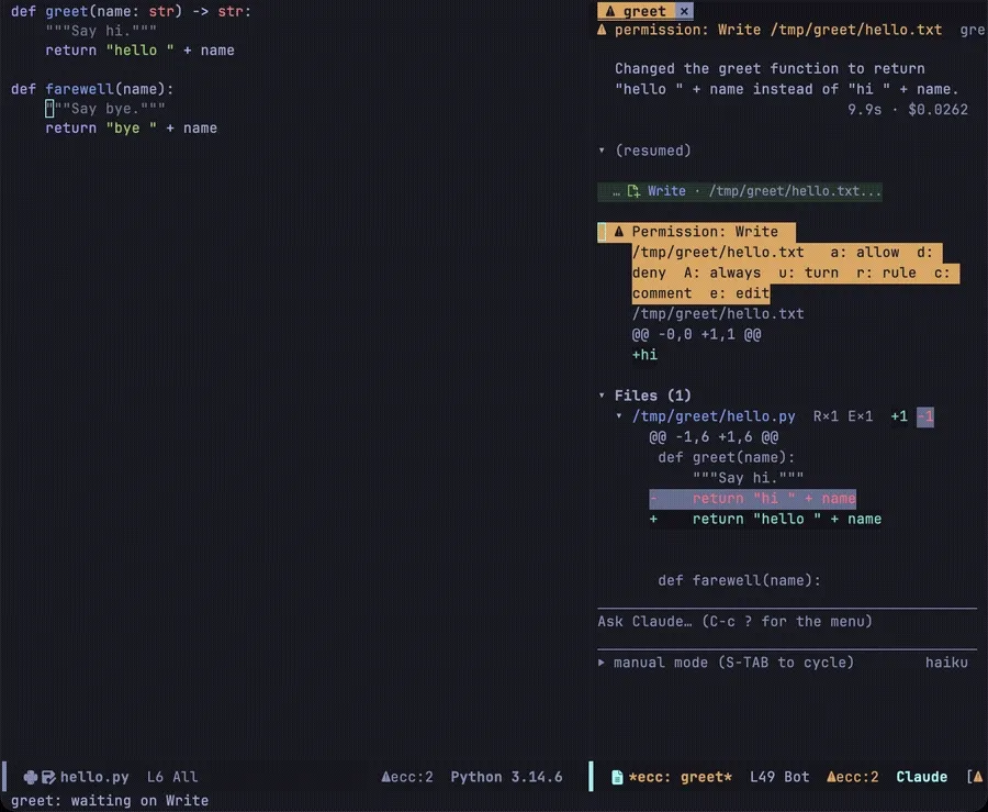 A permission to write a file, allowed with a, and the turn finishing