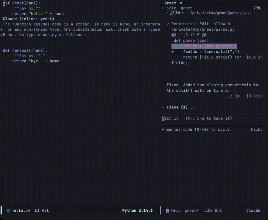 The rewritten code shown above the original, then accepted with RET and written into the buffer