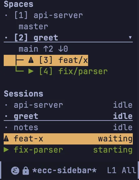 The sidebar: two projects, one of them a repository with two worktrees under it, and the sessions below with what each is doing