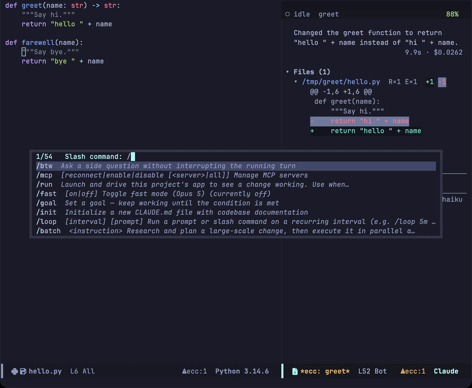The slash command list open over a session, each command with the description the CLI gave it