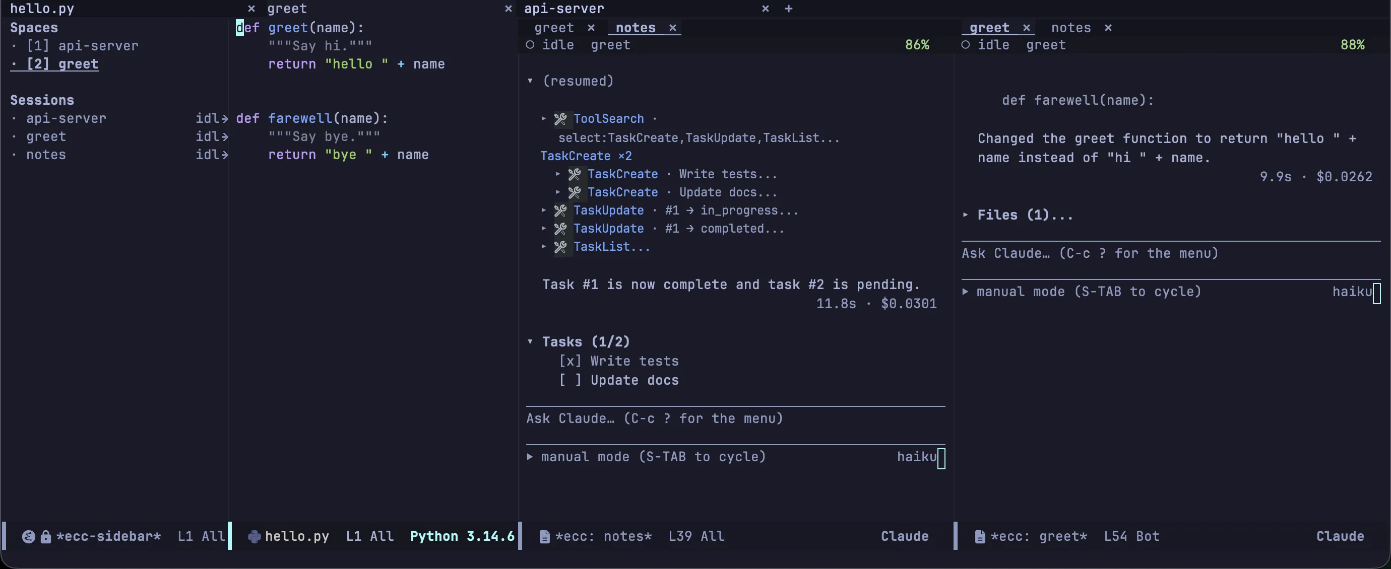 The sidebar listing every Space and session, a tab for each project across the top, and one Space holding its source with two transcripts beside it