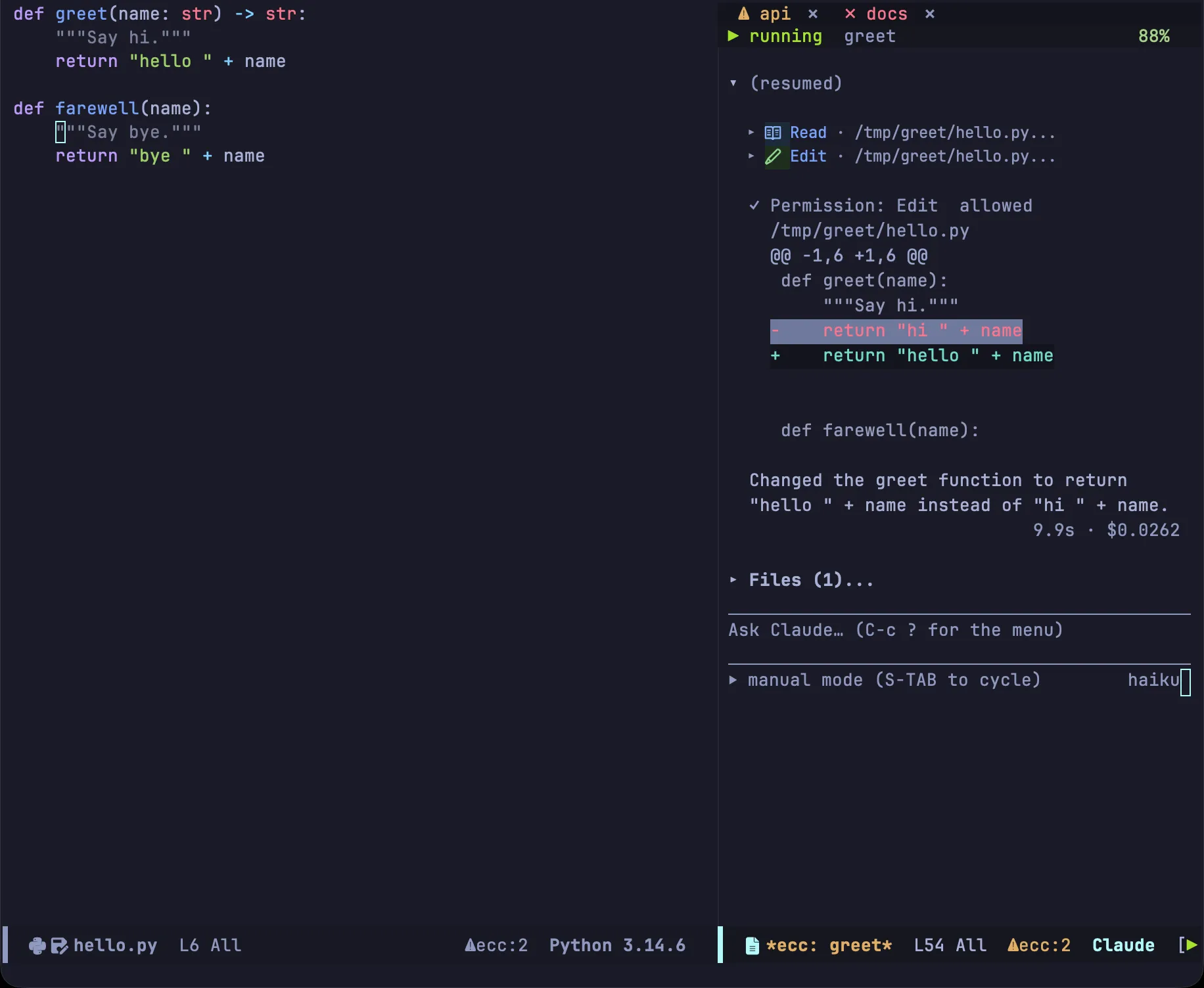 A session window whose tab line carries four tabs, each coloured by what its session is doing