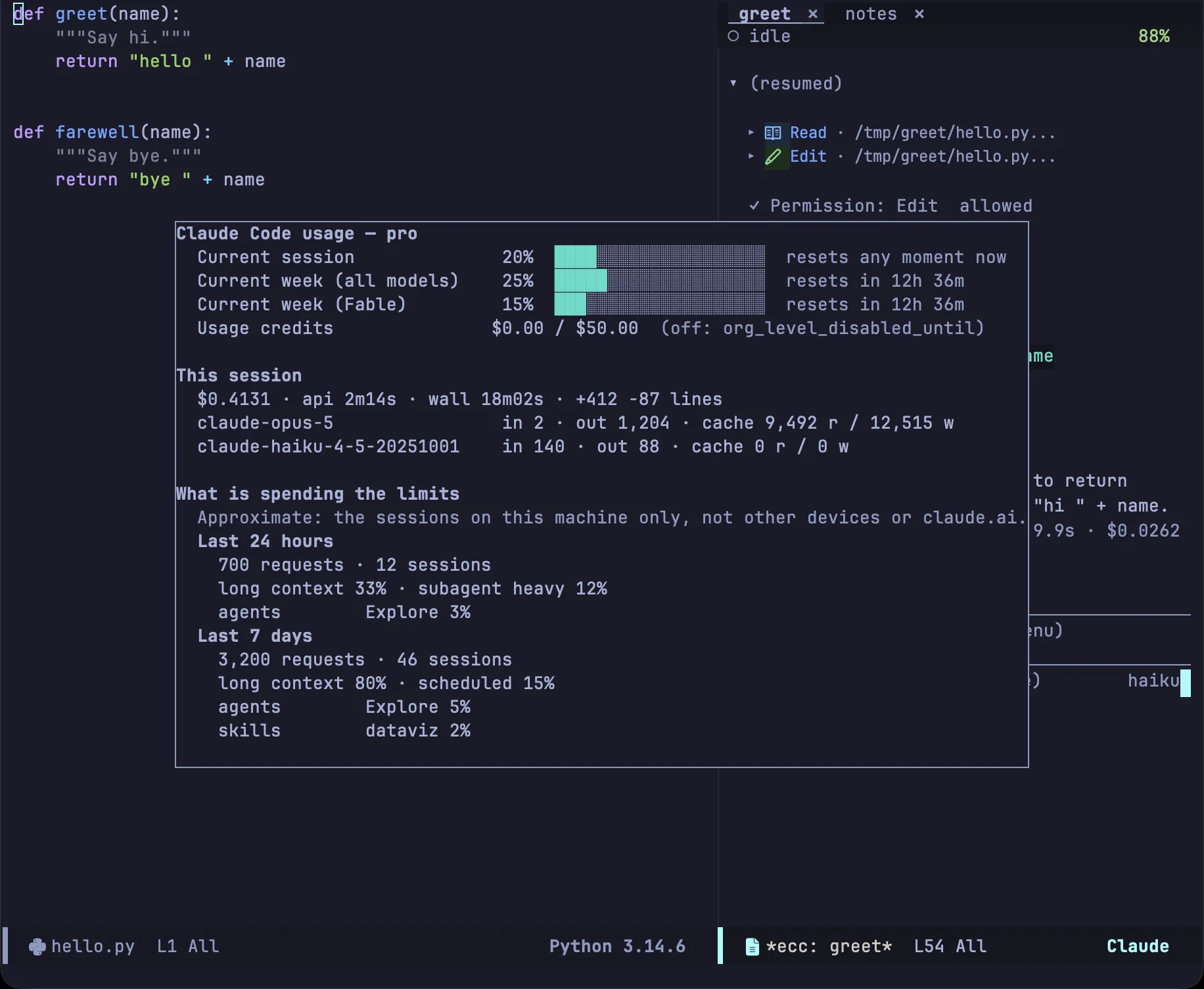 The usage report floating over the frame: the rate limit windows, what this session cost, and what has been spending the limits