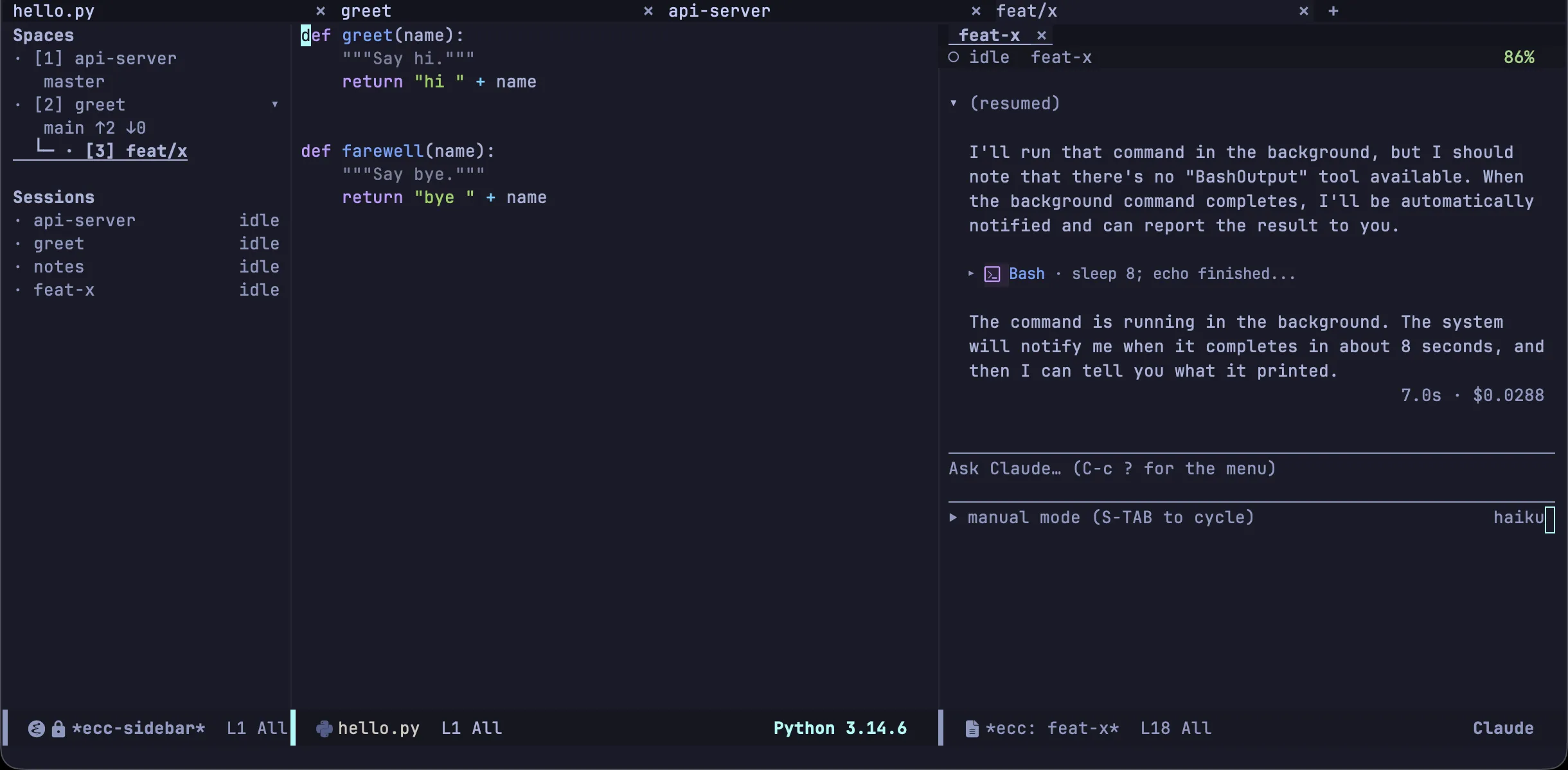 The worktree as a Space of its own: its tab beside the repository’s, its row under the repository in the sidebar, and its session running in it