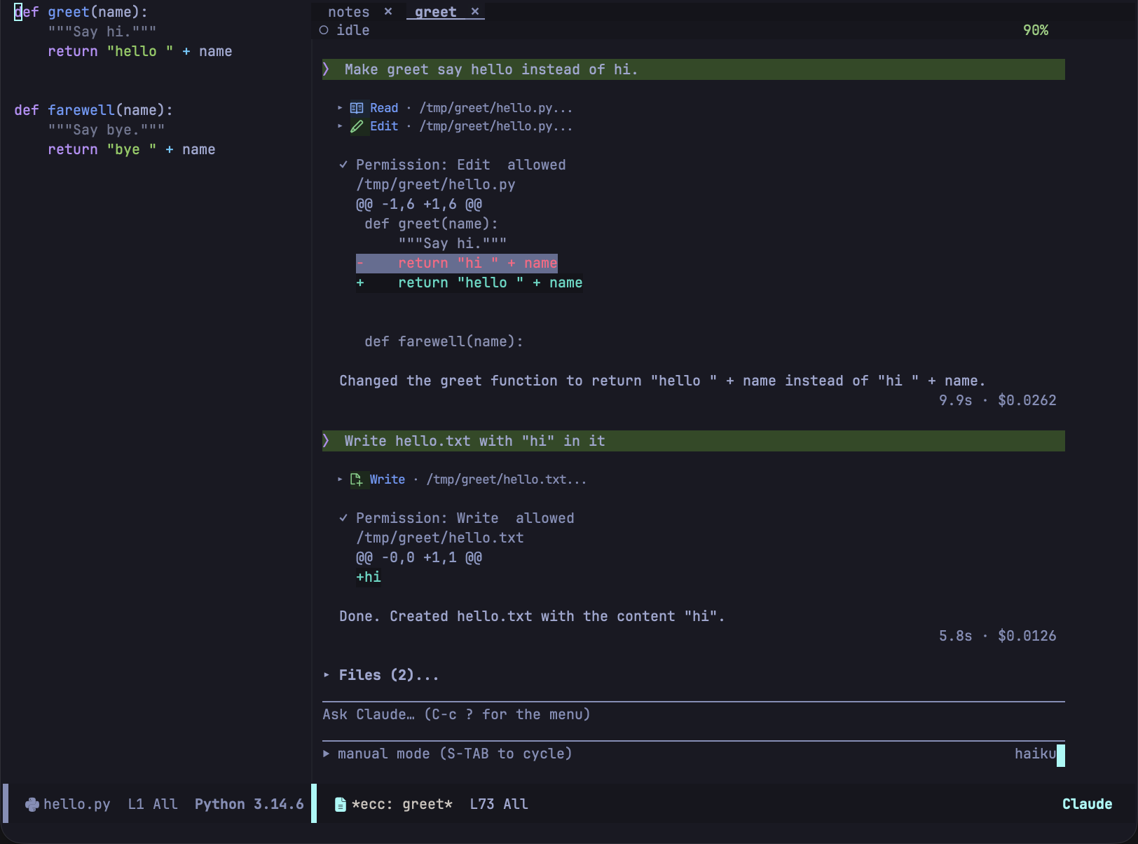 A whole session: the source on the left, and on the right two prompts, the tools each one ran, the diffs they were allowed to make, and the answers